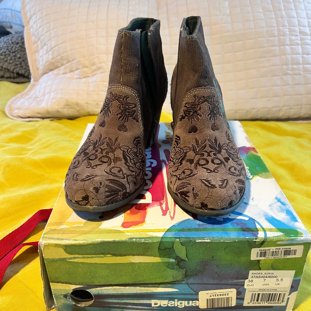 Desigual Brown Embroidered Booties